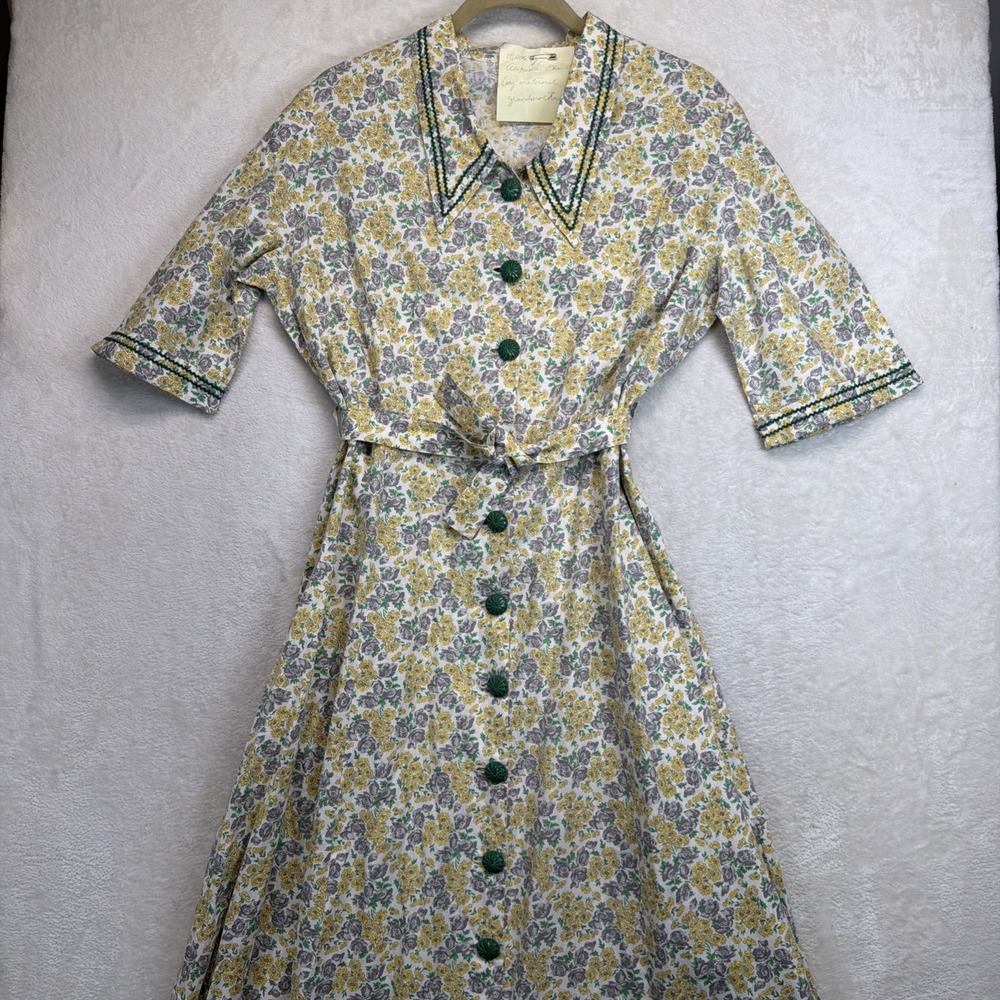 Vintage 1950s FloralCotton Day DressShirtwaist Belted HandmadeOriginal
